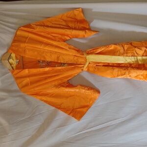 Bright Kimono Style Robe - Orange & Yellow w/ Brocade Flowers on Back. Tie waist